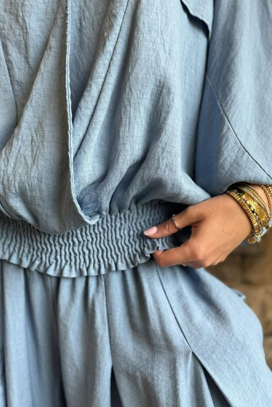 Basso Button Drape Batwing Shirt Denim